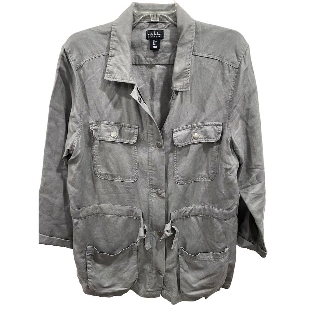 Nicole Miller Women's Gray‎ Utility Jacket Size L Button Down Pockets linen